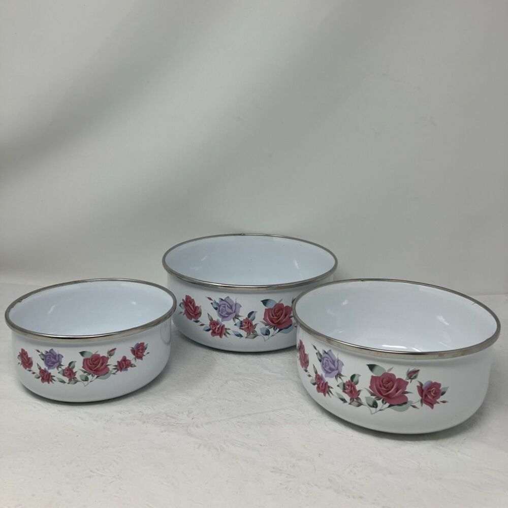 Enamelware Pink Floral Nesting Mixing Bowl Set Of 3 Metal Enamel GMI Kitchen